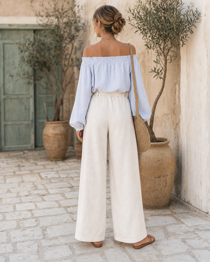 Mediterranean Vacation 2 Piece Outfit Striped Off Shoulder Blouse &amp; Cream Linen Tie Waist Wide Leg Pants MVA000370AA