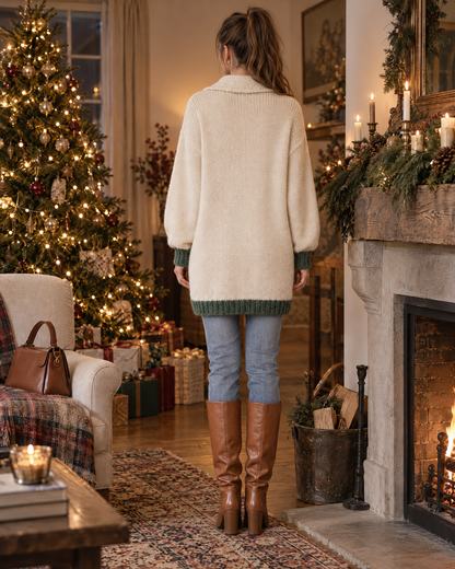 Casual Cream Knit Collared Half-zip Long-sleeve Pine Tree Jacquard Oversized Longline Sweater MVA003710AA