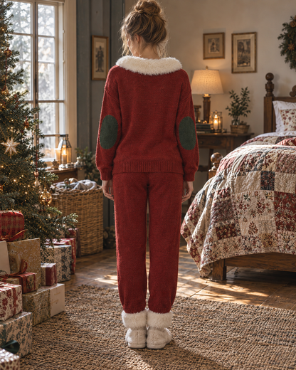 Casual Red Chenille Knit Faux Fur Collar V-neck Long-sleeve Patchwork Sweater And Jogger Pants Set MVA003720AA