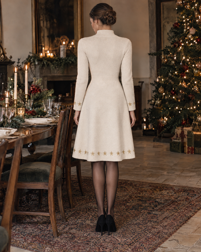 ElegElegant Ivory Brushed Knit Mock Neck Long-sleeve Gold Foil Star Fit-and-flare Midi Sweater Dress MVA003730AA