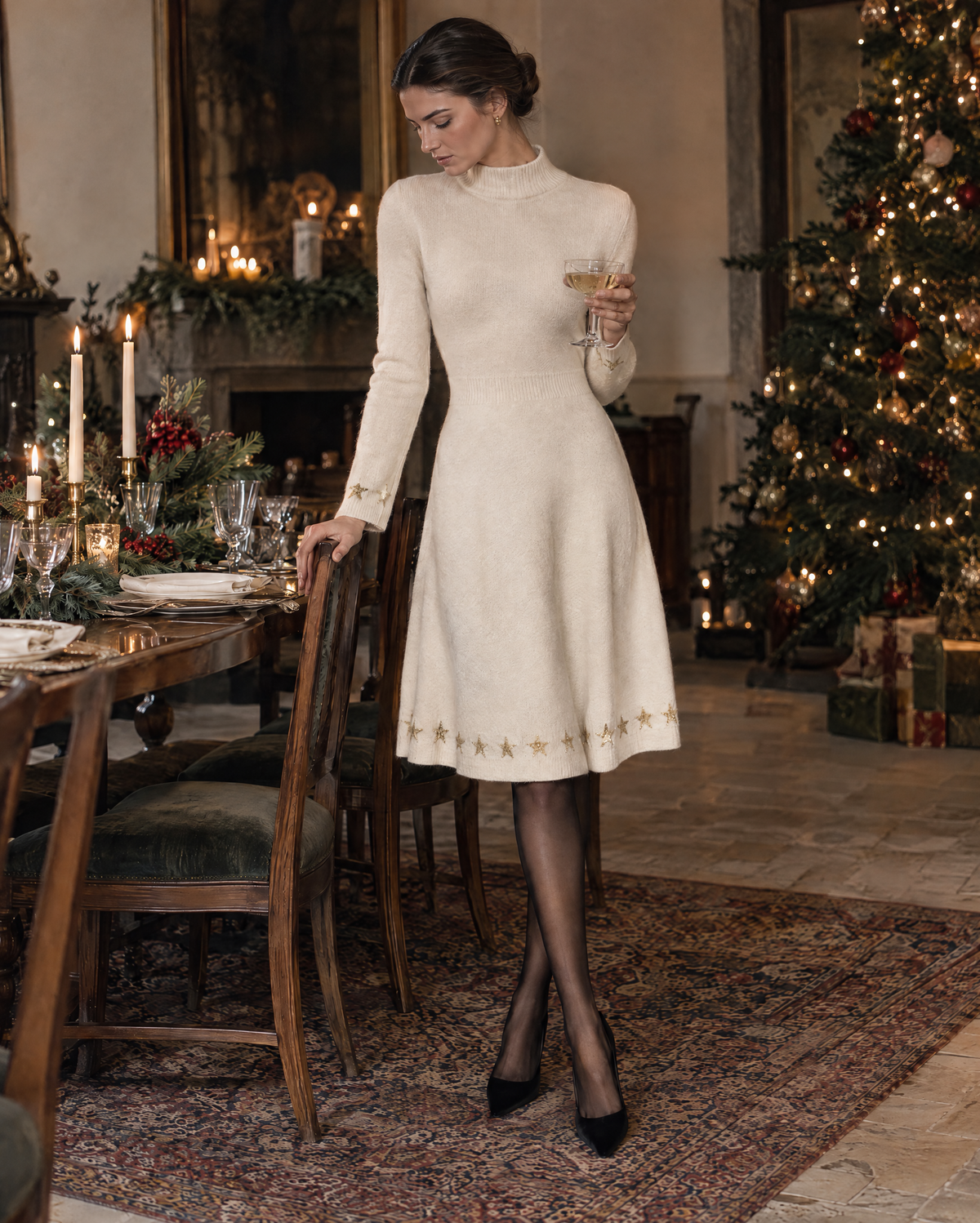 ElegElegant Ivory Brushed Knit Mock Neck Long-sleeve Gold Foil Star Fit-and-flare Midi Sweater Dress MVA003730AA