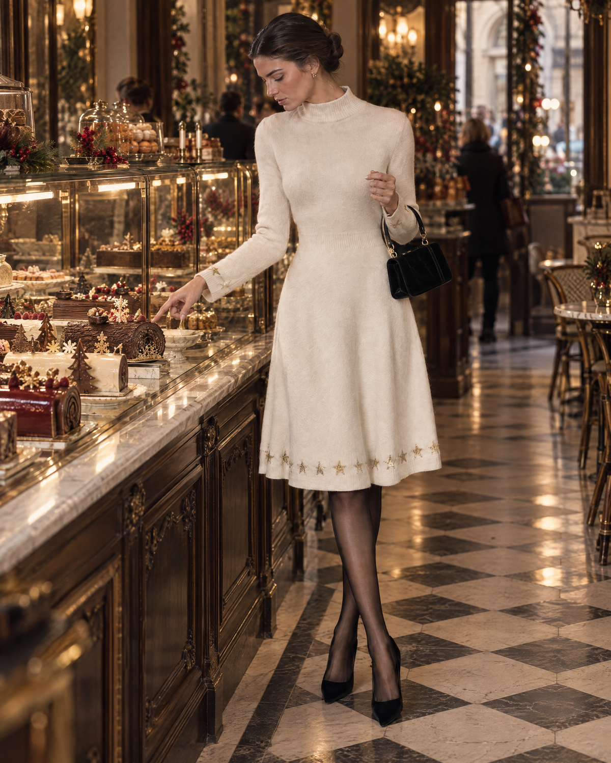 ElegElegant Ivory Brushed Knit Mock Neck Long-sleeve Gold Foil Star Fit-and-flare Midi Sweater Dress MVA003730AA