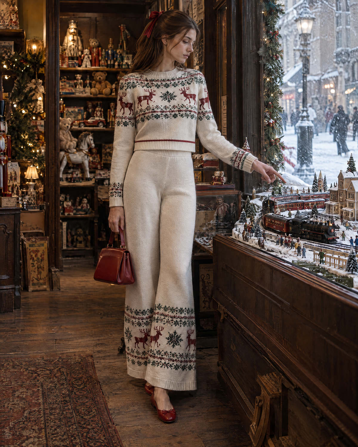 Casual Ivory Fair Isle Reindeer Jacquard Knit Crew Neck Long-sleeve Cropped Sweater And Wide-leg Pants Set MVA003740AA