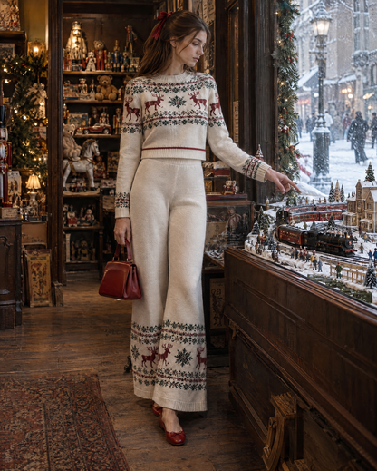 Casual Ivory Fair Isle Reindeer Jacquard Knit Crew Neck Long-sleeve Cropped Sweater And Wide-leg Pants Set MVA003740AA