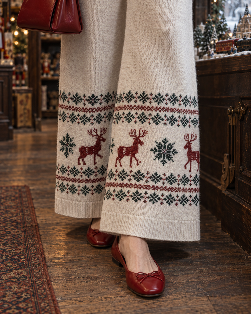 Casual Ivory Fair Isle Reindeer Jacquard Knit Crew Neck Long-sleeve Cropped Sweater And Wide-leg Pants Set MVA003740AA