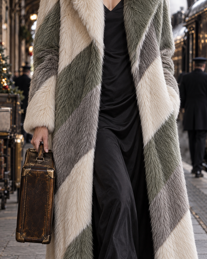 Elegant Grey And Ivory Diagonal Stripe Faux Fur Lapel Long-sleeve Maxi Coat MVA003750AA