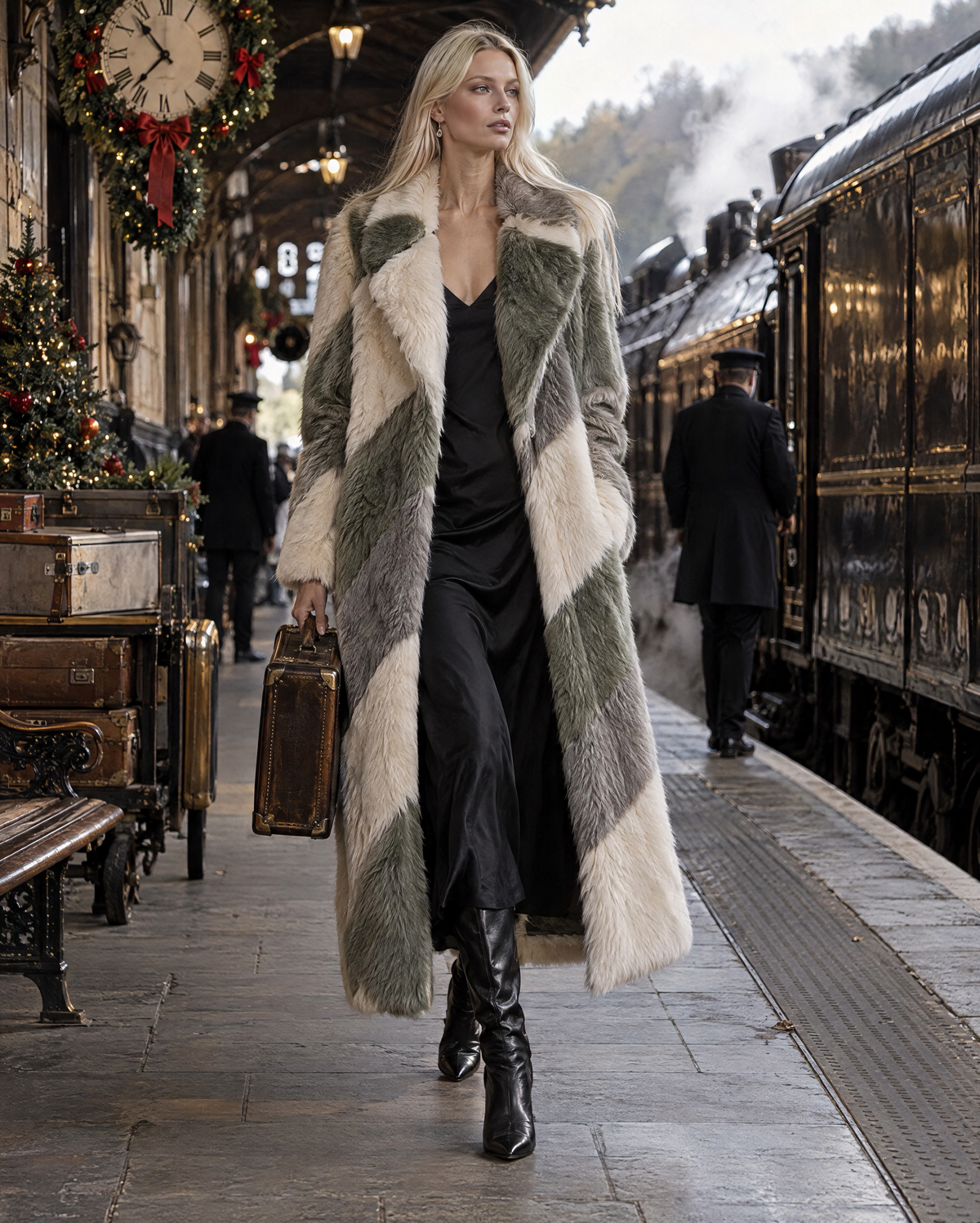 Elegant Grey And Ivory Diagonal Stripe Faux Fur Lapel Long-sleeve Maxi Coat MVA003750AA