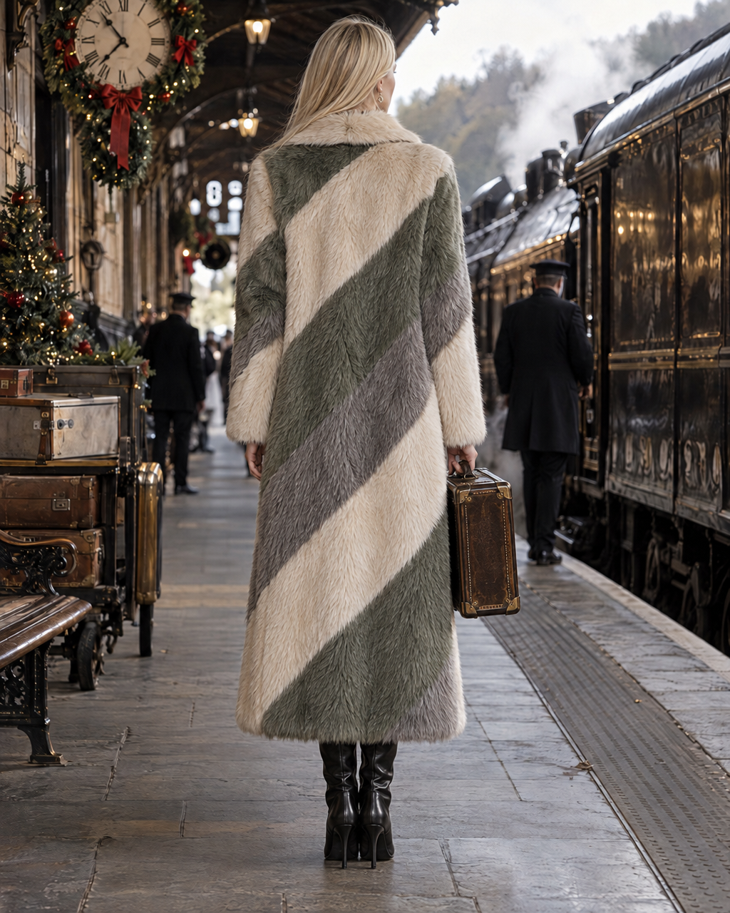 Elegant Grey And Ivory Diagonal Stripe Faux Fur Lapel Long-sleeve Maxi Coat MVA003750AA