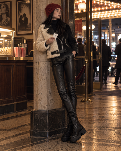 Edgy Black And Cream Color Block Sherpa Faux Leather Lapel Long-sleeve Belted Cropped Moto Jacket MVA003760AA