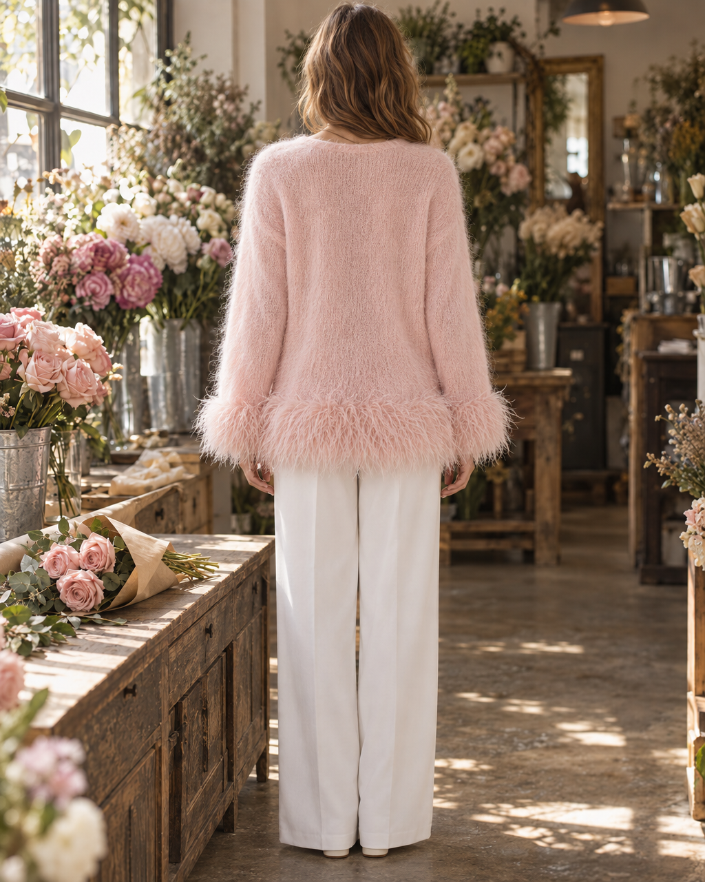 Sweet Blush Pink Brushed Knit V-neck Long-sleeve Shaggy Trim Oversized Sweater MVA003780AA