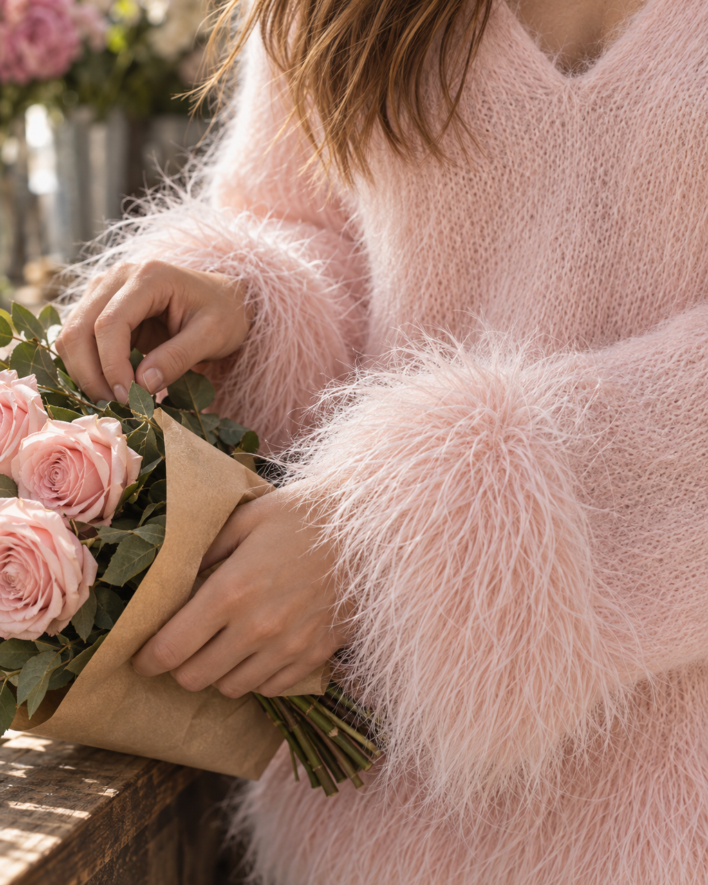 Sweet Blush Pink Brushed Knit V-neck Long-sleeve Shaggy Trim Oversized Sweater MVA003780AA