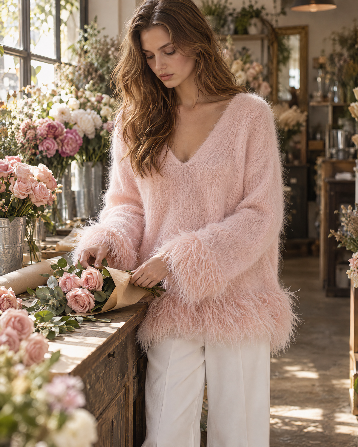 Sweet Blush Pink Brushed Knit V-neck Long-sleeve Shaggy Trim Oversized Sweater MVA003780AA