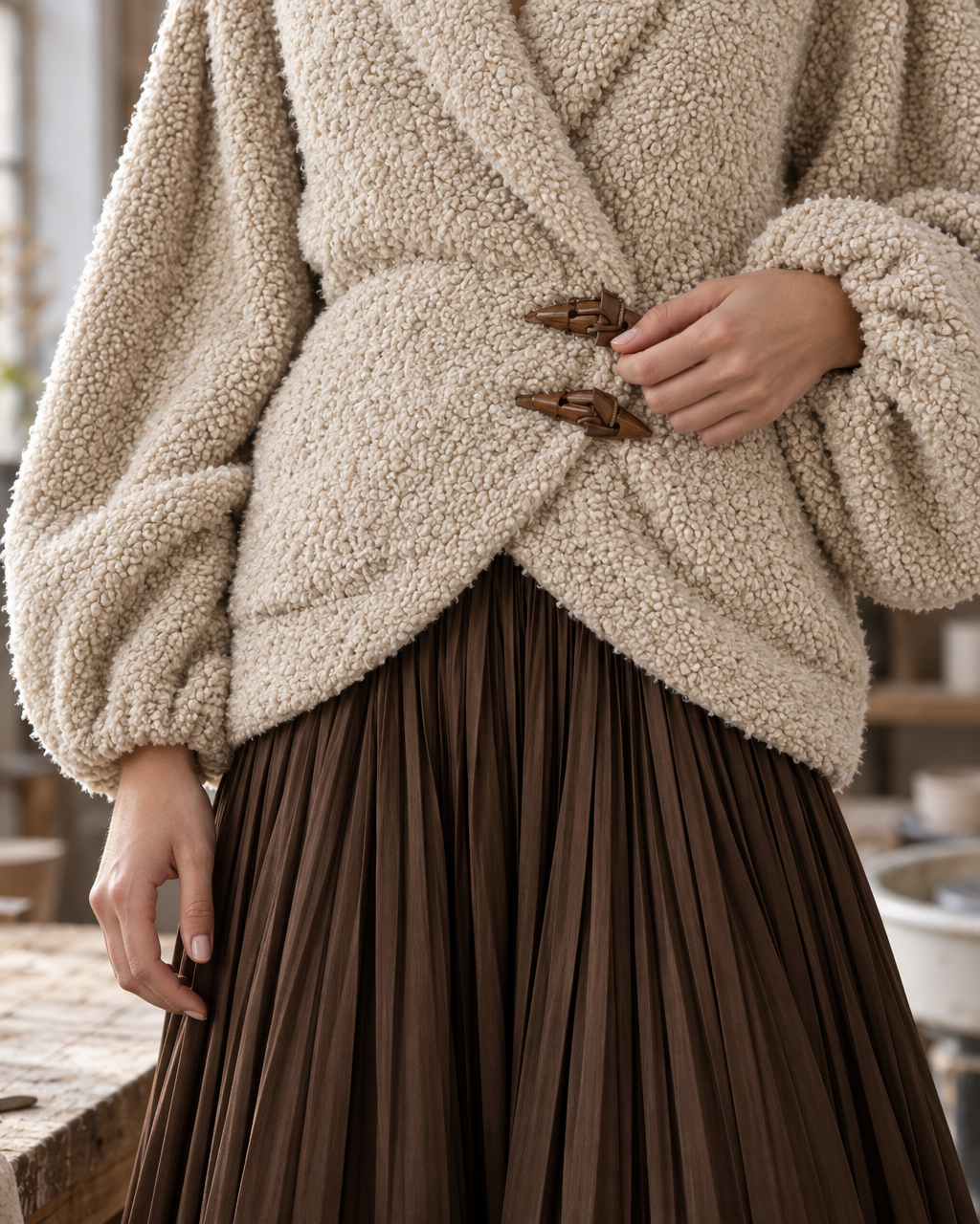Casual Oatmeal Bouclé Lapel Long-sleeve Toggle Wrap Jacket MVA003790AA