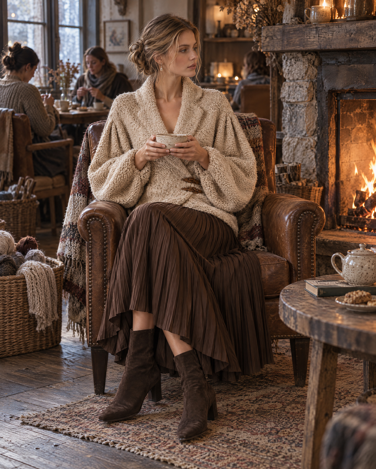 Casual Oatmeal Bouclé Lapel Long-sleeve Toggle Wrap Jacket MVA003790AA
