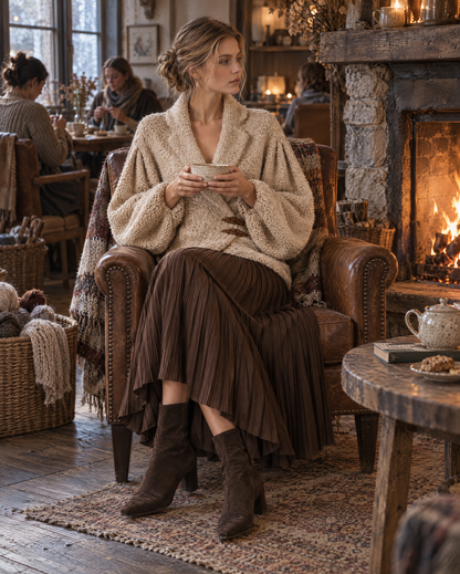 Casual Oatmeal Bouclé Lapel Long-sleeve Toggle Wrap Jacket MVA003790AA