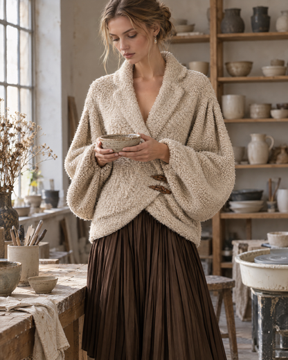 Casual Oatmeal Bouclé Lapel Long-sleeve Toggle Wrap Jacket MVA003790AA