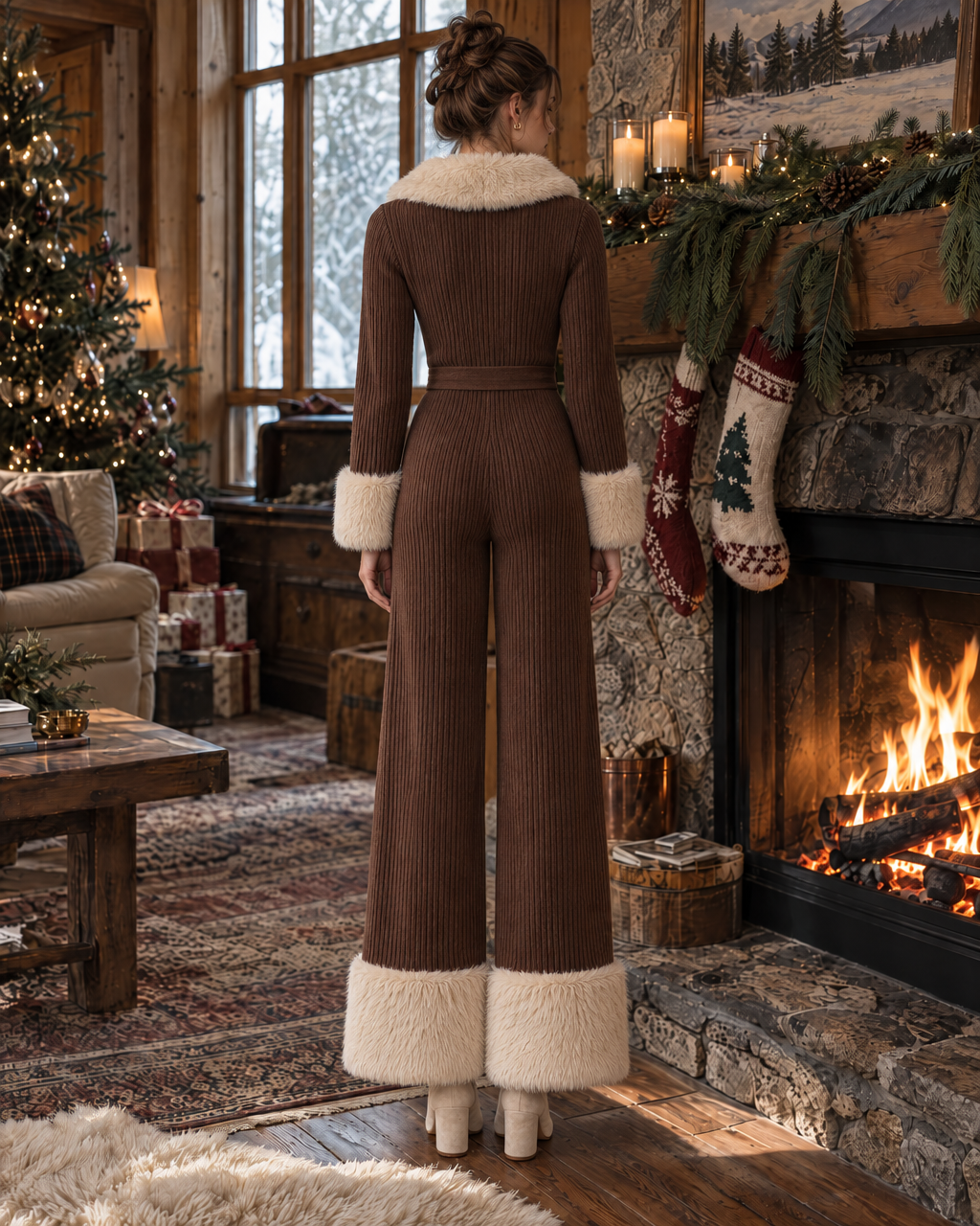 Casual Chocolate Brown Ribbed Knit Faux Fur Lapel Long-sleeve Zip-front Belted Wide-leg Jumpsuit MVA003800AA