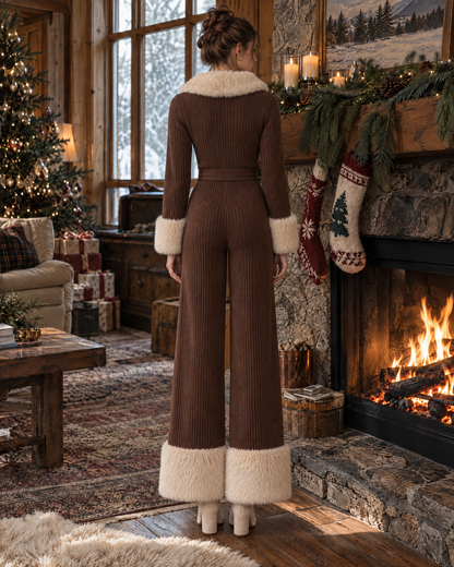Casual Chocolate Brown Ribbed Knit Faux Fur Lapel Long-sleeve Zip-front Belted Wide-leg Jumpsuit MVA003800AA