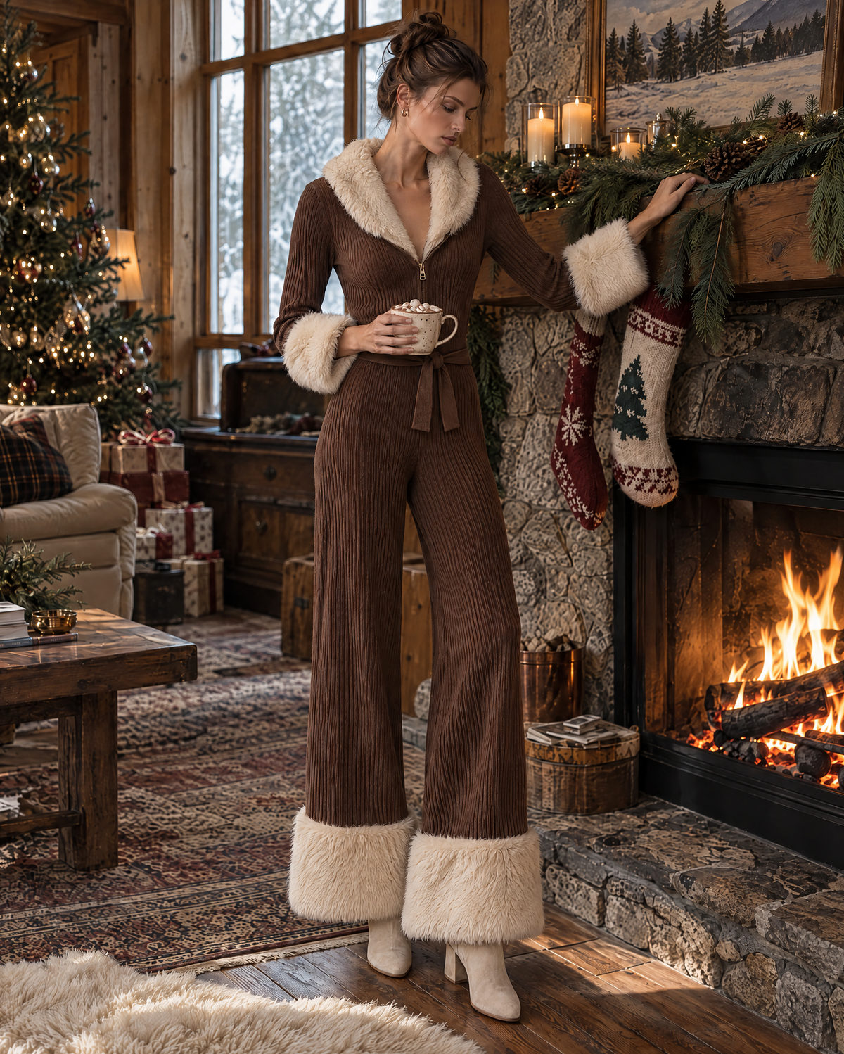 Casual Chocolate Brown Ribbed Knit Faux Fur Lapel Long-sleeve Zip-front Belted Wide-leg Jumpsuit MVA003800AA