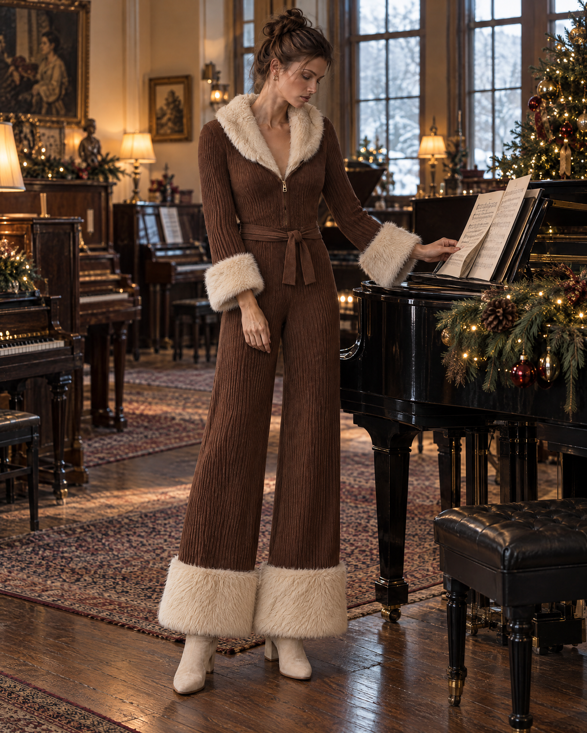 Casual Chocolate Brown Ribbed Knit Faux Fur Lapel Long-sleeve Zip-front Belted Wide-leg Jumpsuit MVA003800AA