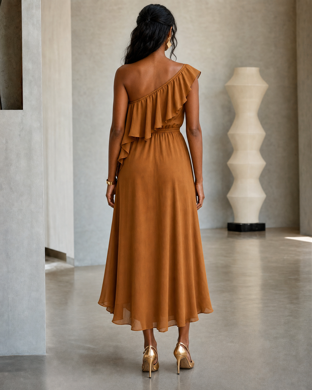 Urban Boho Ruffle One Shoulder Tie Waist Flowy Chiffon Midi Dress MVA000380AA