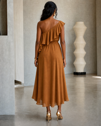 Urban Boho Ruffle One Shoulder Tie Waist Flowy Chiffon Midi Dress MVA000380AA