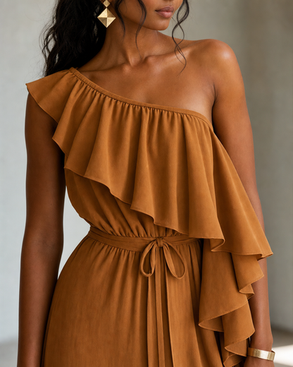 Urban Boho Ruffle One Shoulder Tie Waist Flowy Chiffon Midi Dress MVA000380AA