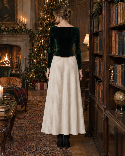 Elegant Emerald Green Velvet Boat Neck Long-sleeve Knit Spliced Color Block Maxi Dress MVA003810AA