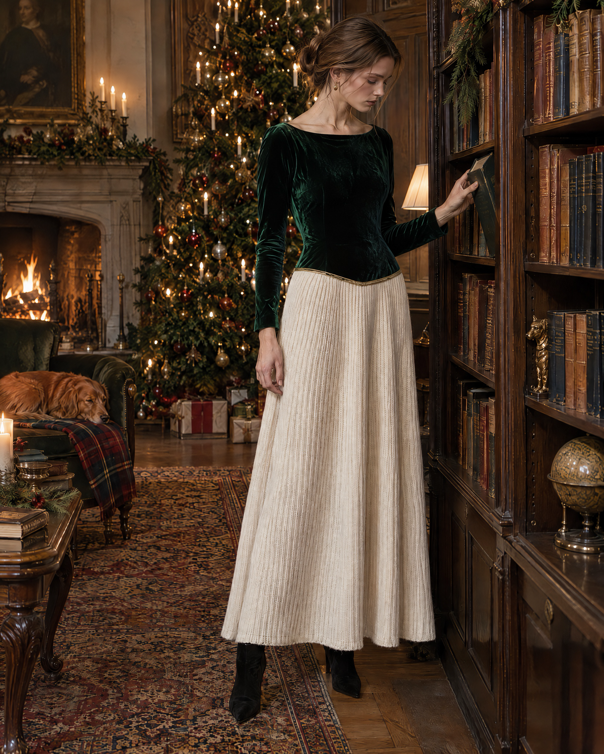 Elegant Emerald Green Velvet Boat Neck Long-sleeve Knit Spliced Color Block Maxi Dress MVA003810AA