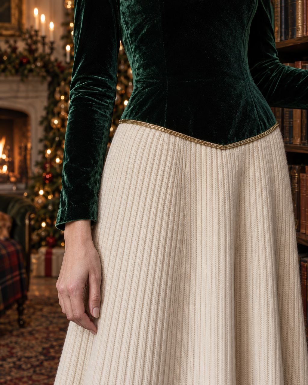 Elegant Emerald Green Velvet Boat Neck Long-sleeve Knit Spliced Color Block Maxi Dress MVA003810AA