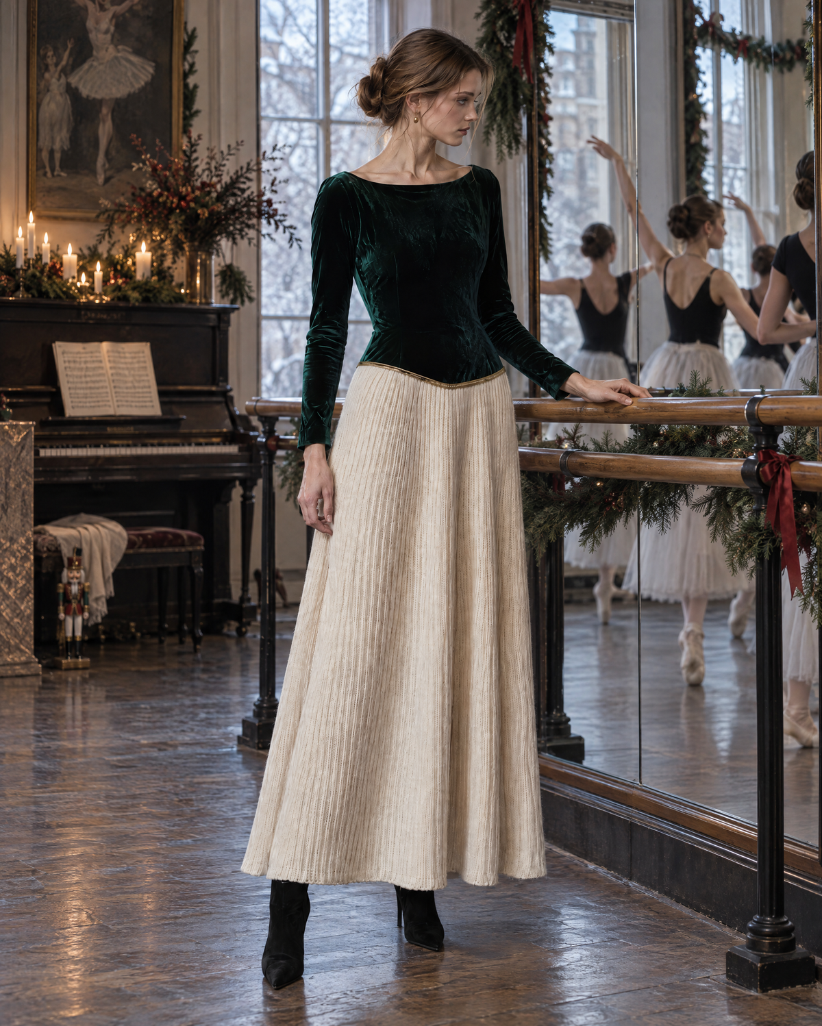 Elegant Emerald Green Velvet Boat Neck Long-sleeve Knit Spliced Color Block Maxi Dress MVA003810AA