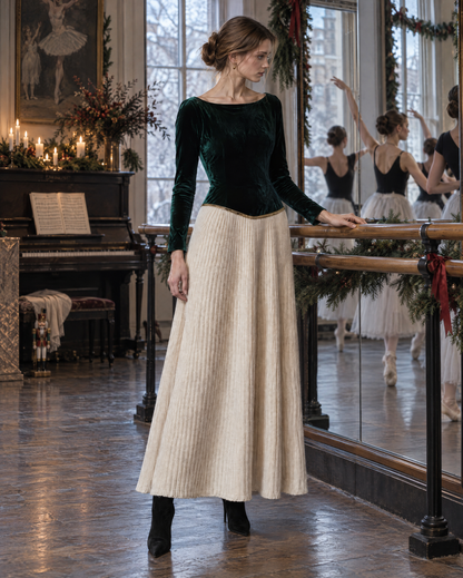 Elegant Emerald Green Velvet Boat Neck Long-sleeve Knit Spliced Color Block Maxi Dress MVA003810AA