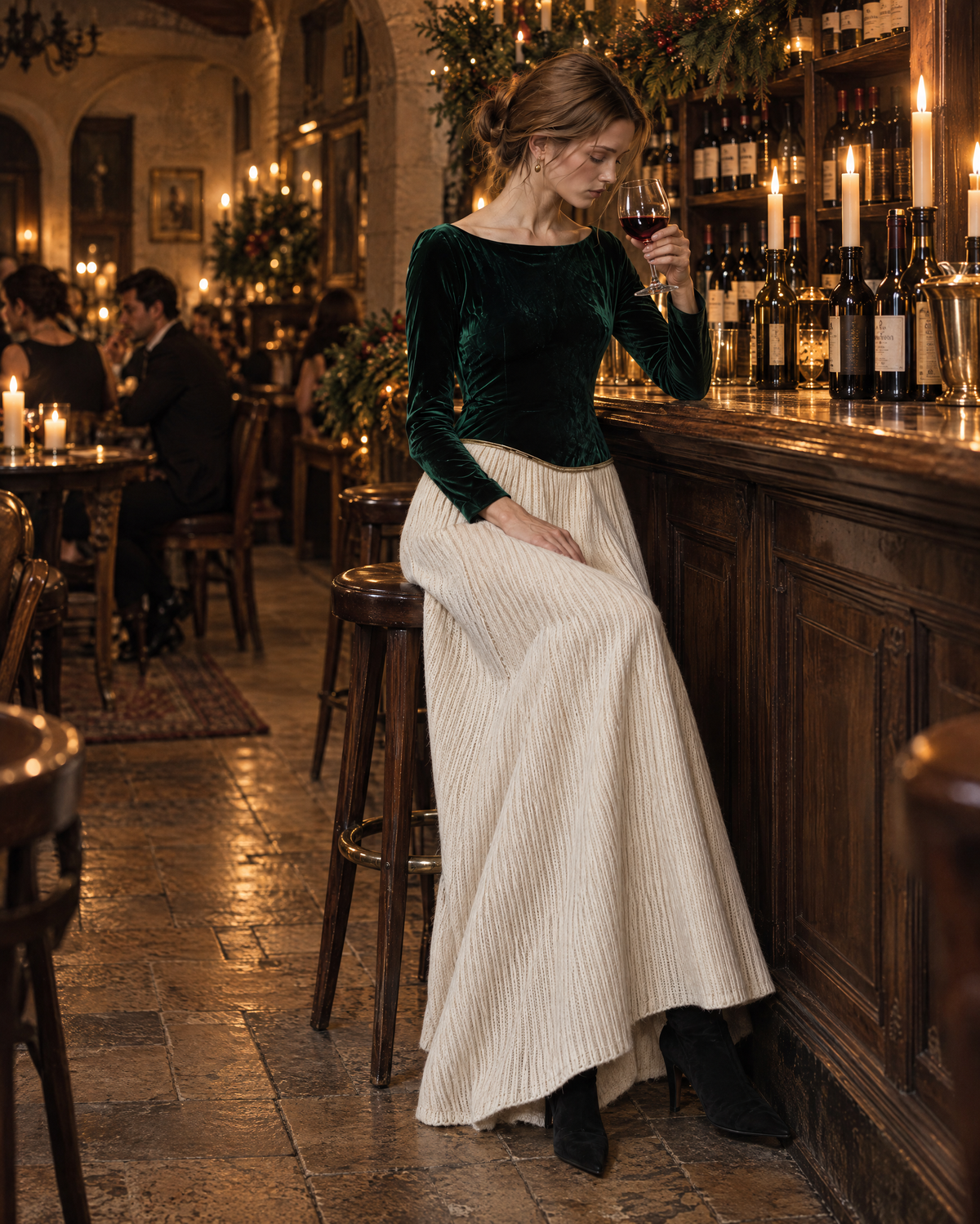 Elegant Emerald Green Velvet Boat Neck Long-sleeve Knit Spliced Color Block Maxi Dress MVA003810AA