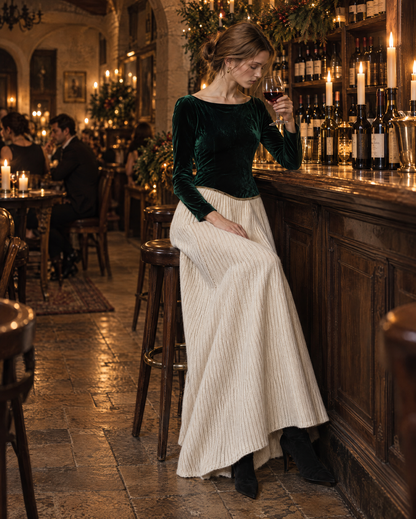 Elegant Emerald Green Velvet Boat Neck Long-sleeve Knit Spliced Color Block Maxi Dress MVA003810AA