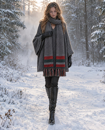 Casual Charcoal Grey Chunky Knit V-neck Long-sleeve Batwing Oversized Longline Sweater MVA003820AA