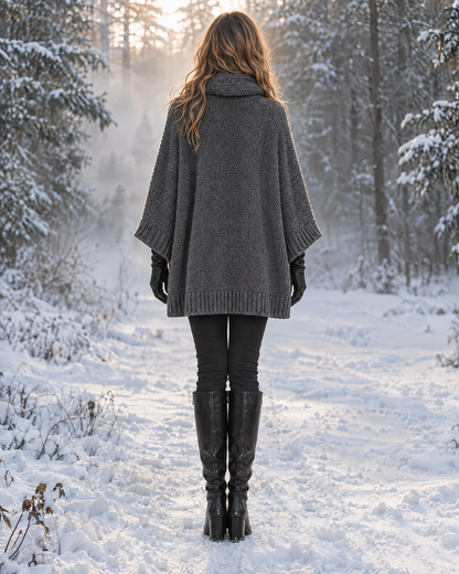 Casual Charcoal Grey Chunky Knit V-neck Long-sleeve Batwing Oversized Longline Sweater MVA003820AA
