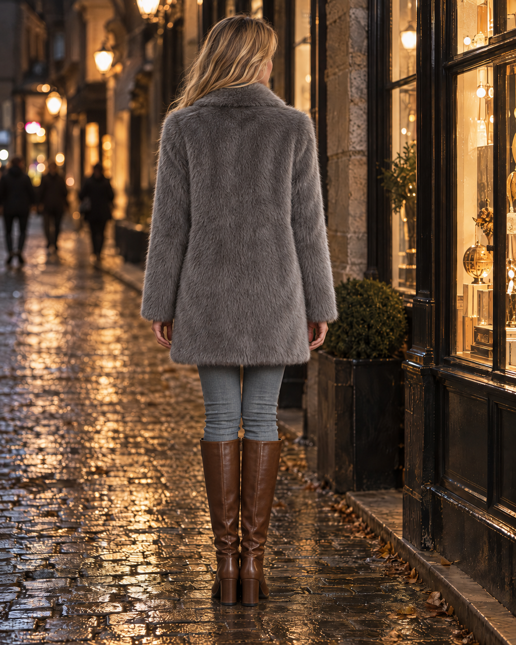 Elegant Grey Faux Fur Lapel Long-sleeve Double-breasted Gold Button Coat MVA003870AA