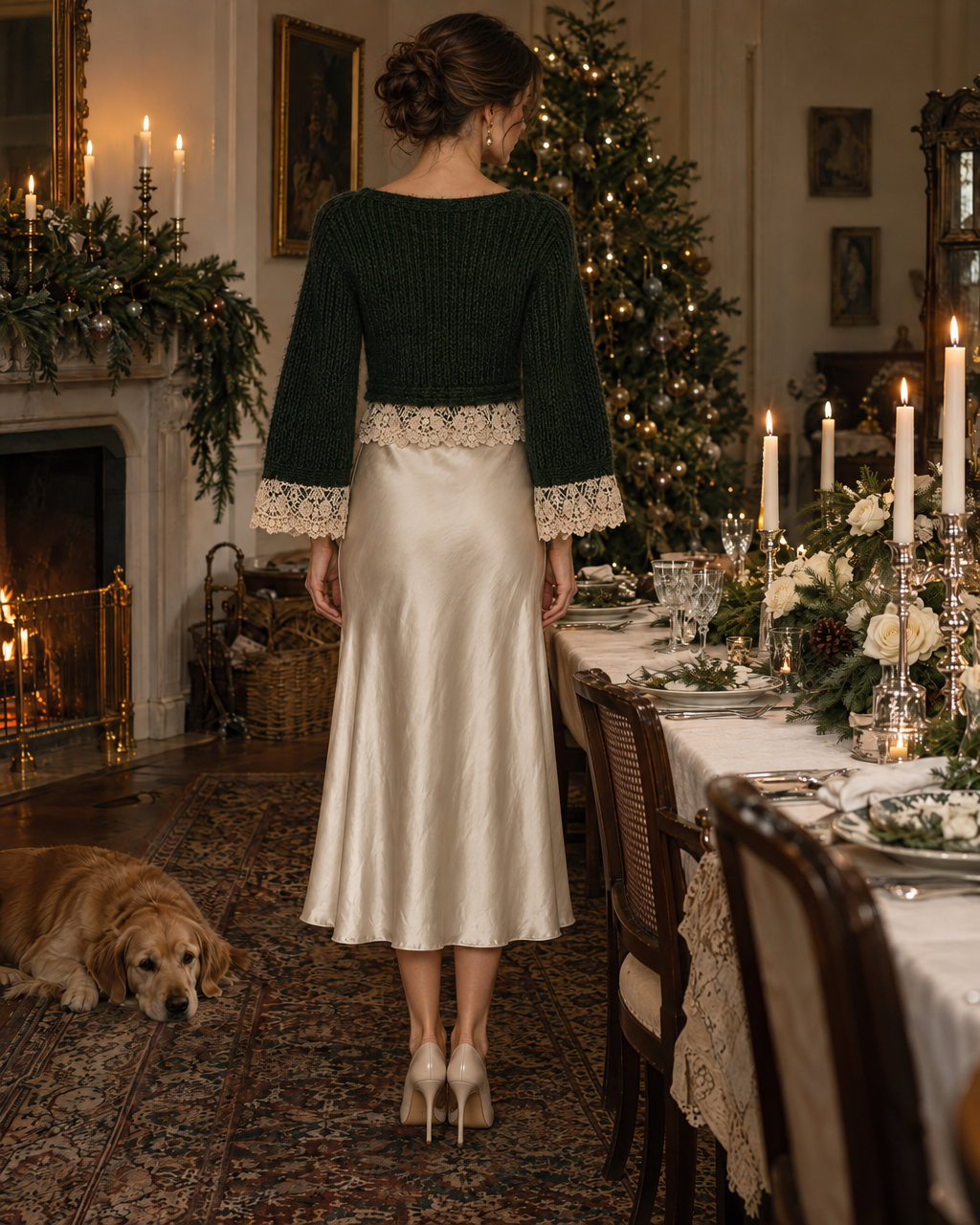 Elegant Dark Green Chunky Knit Boat Neck Bell-sleeve Lace-trim Cropped Sweater MVA003880AA