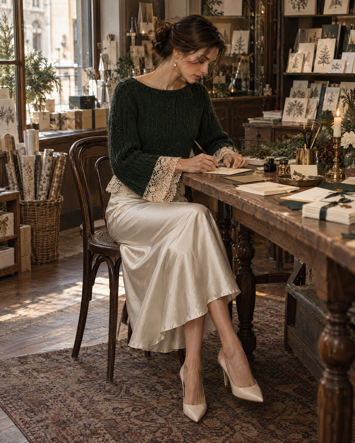Elegant Dark Green Chunky Knit Boat Neck Bell-sleeve Lace-trim Cropped Sweater MVA003880AA