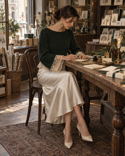 Elegant Dark Green Chunky Knit Boat Neck Bell-sleeve Lace-trim Cropped Sweater MVA003880AA