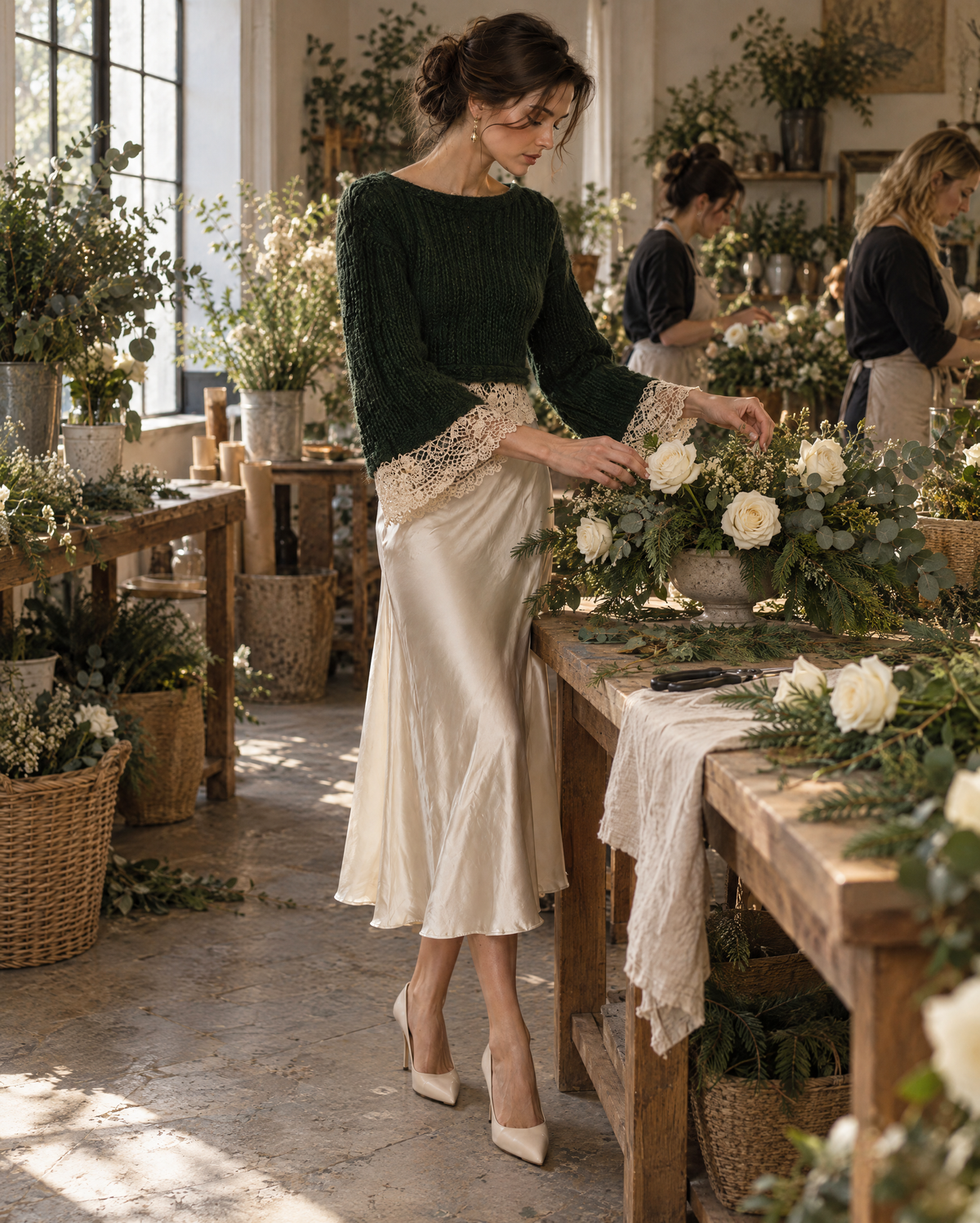 Elegant Dark Green Chunky Knit Boat Neck Bell-sleeve Lace-trim Cropped Sweater MVA003880AA