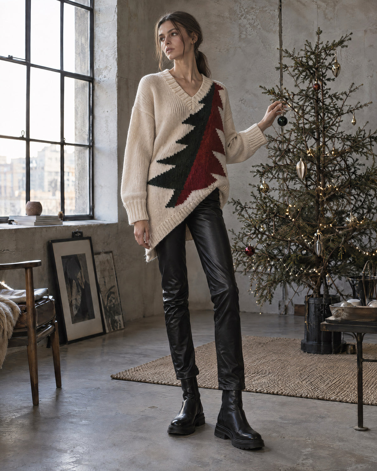 Casual Cream Chunky Knit V-neck Long-sleeve Christmas Tree Intarsia Asymmetric Hem Oversized Sweater MVA003900AA