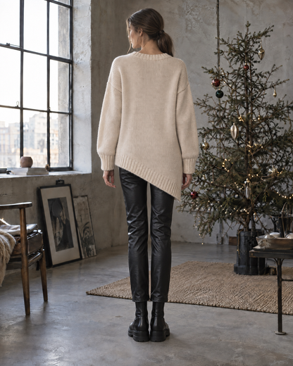 Casual Cream Chunky Knit V-neck Long-sleeve Christmas Tree Intarsia Asymmetric Hem Oversized Sweater MVA003900AA