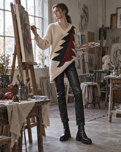 Casual Cream Chunky Knit V-neck Long-sleeve Christmas Tree Intarsia Asymmetric Hem Oversized Sweater MVA003900AA