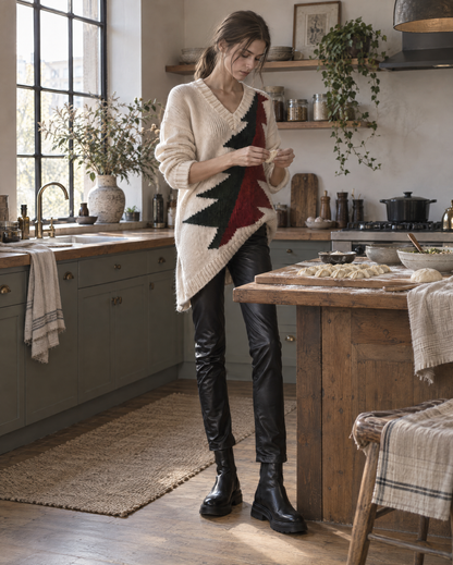 Casual Cream Chunky Knit V-neck Long-sleeve Christmas Tree Intarsia Asymmetric Hem Oversized Sweater MVA003900AA
