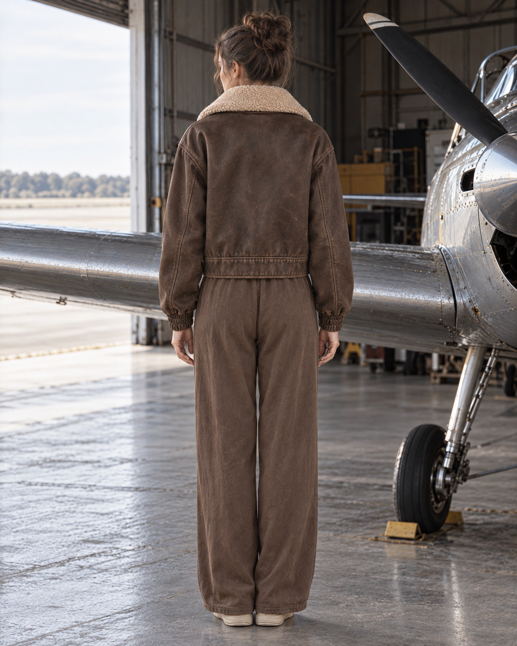 Casual Brown Distressed Faux Leather Sherpa Collar Long-sleeve Zip-up Bomber Jacket MVA003920AA