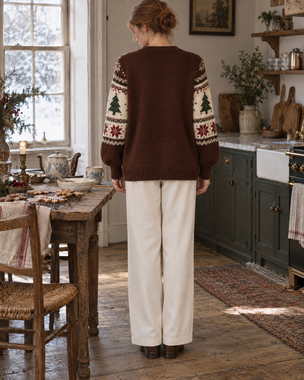 Casual Brown Fair Isle Christmas Tree Jacquard Knit V-neck Long-sleeve Button-front Oversized Cardigan MVA003930AA