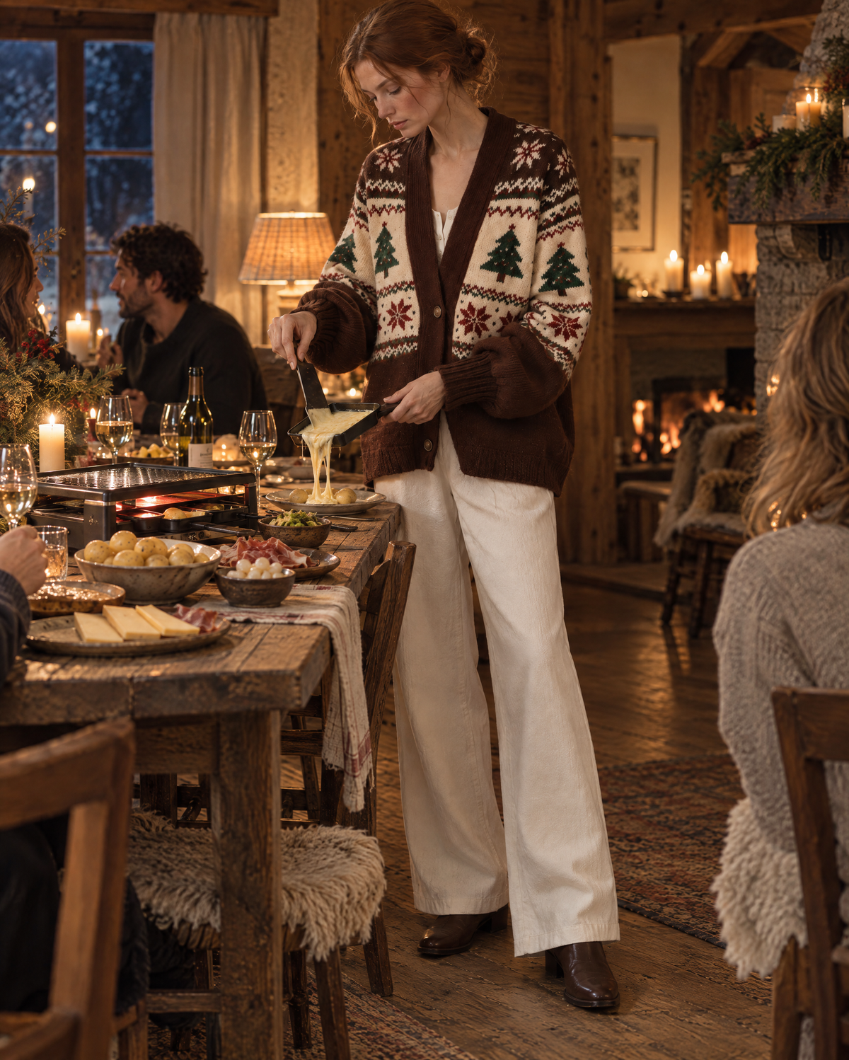 Casual Brown Fair Isle Christmas Tree Jacquard Knit V-neck Long-sleeve Button-front Oversized Cardigan MVA003930AA