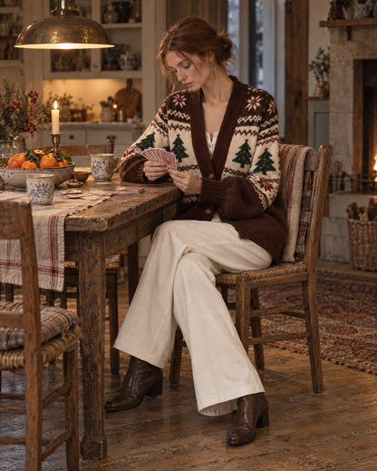 Casual Brown Fair Isle Christmas Tree Jacquard Knit V-neck Long-sleeve Button-front Oversized Cardigan MVA003930AA