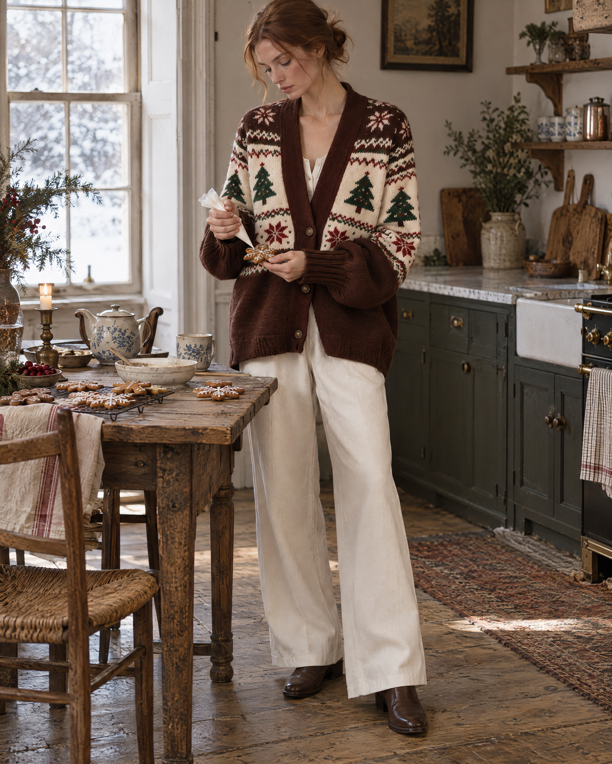 Casual Brown Fair Isle Christmas Tree Jacquard Knit V-neck Long-sleeve Button-front Oversized Cardigan MVA003930AA